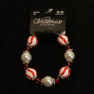 Christmas Shoppe Peppermint Bead Bracelet Red‎ White Holiday NWT